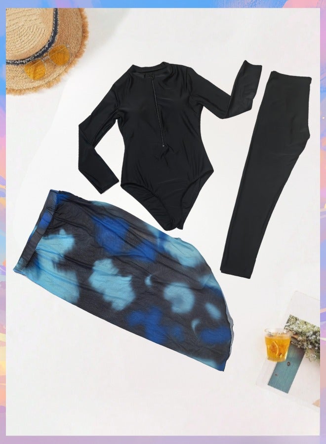 Fianser Swimsuits Set 3-Piece Swimwear With Long Chiffon Skirt Long Sleeve Burkini Beachwear Modest Fashion Conservative Sun UV Protection Diving Suit Surfing Suit Quick Dry Swimming Costume Zipper Long Pants - Image 3